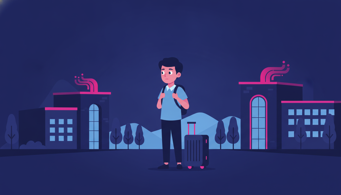 Bagaimana Rasanya Kuliah di Luar Negeri: Kisah Nyata 2 a young Southeast Asian student arriving at a foreign university campus with a large suitcase, looking around at unfamiliar surroundings with a mix of excitement and nervousness