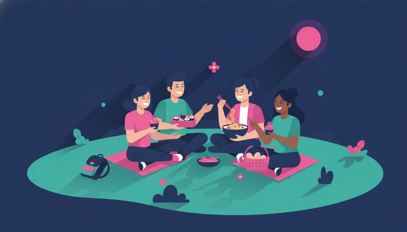 Bagaimana Rasanya Kuliah di Luar Negeri: Kisah Nyata 3 a diverse group of international university students laughing together on a green campus lawn, sharing food from different cultures