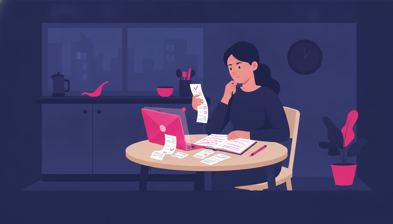 Bagaimana Rasanya Kuliah di Luar Negeri: Kisah Nyata 4 a young Indonesian student carefully reviewing grocery receipts and a notebook budget plan on a small apartment kitchen table