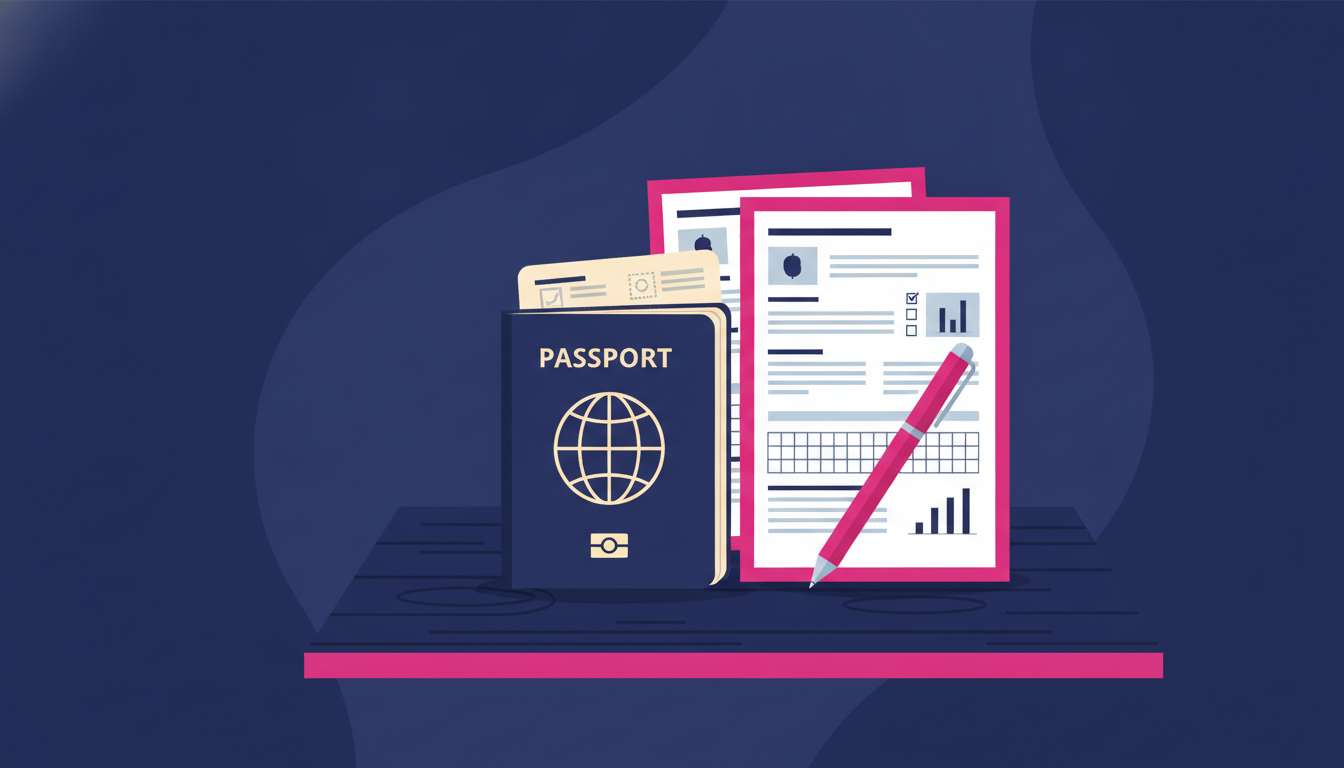 an open passport placed next to printed bank application documents and a pen on a wooden table