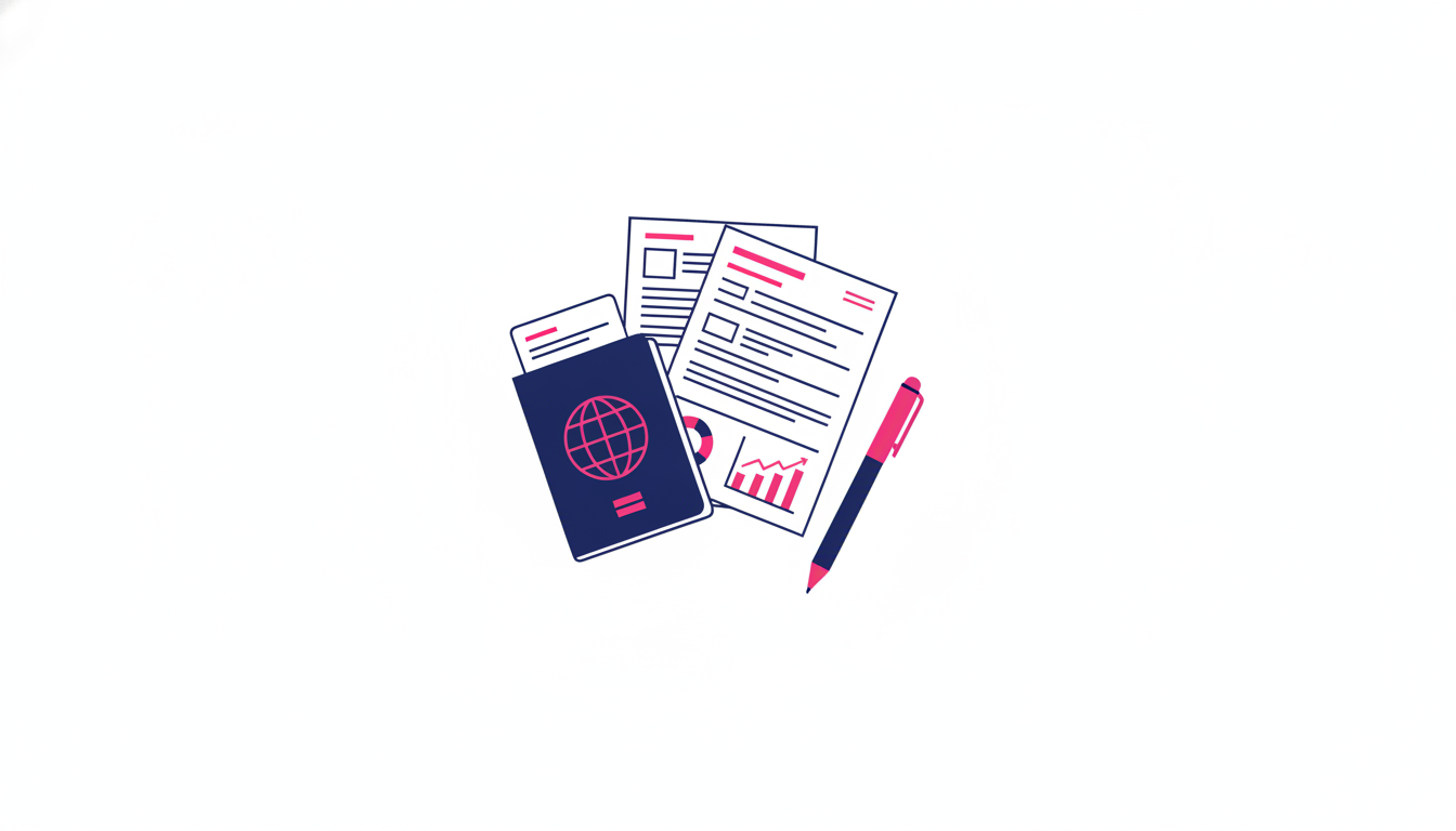 a neatly organized set of travel documents including a passport, printed forms, bank statements, and a pen on a clean white table