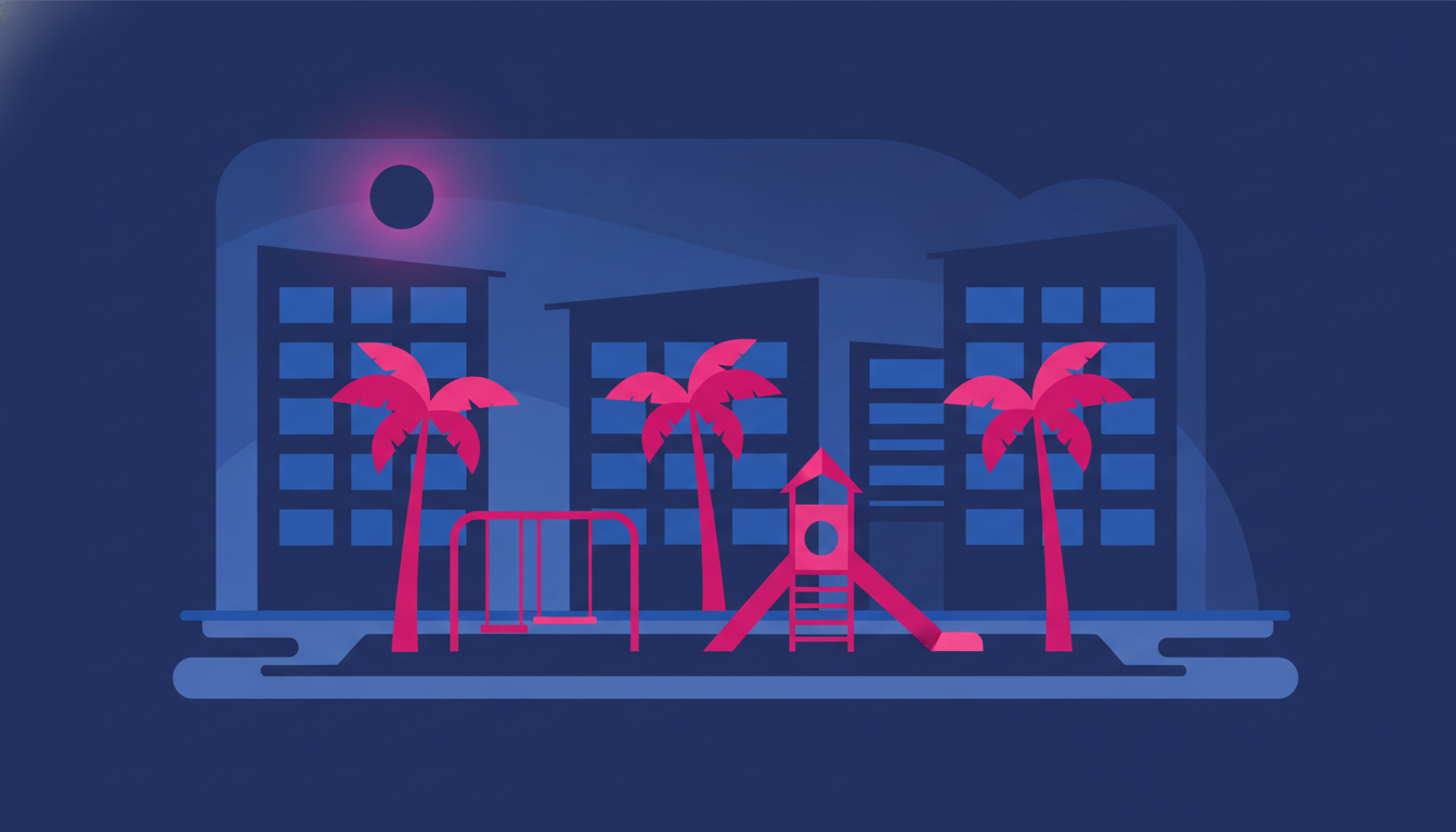 a clean and modern Singapore residential estate with HDB blocks, a playground, and palm trees in a sunny afternoon