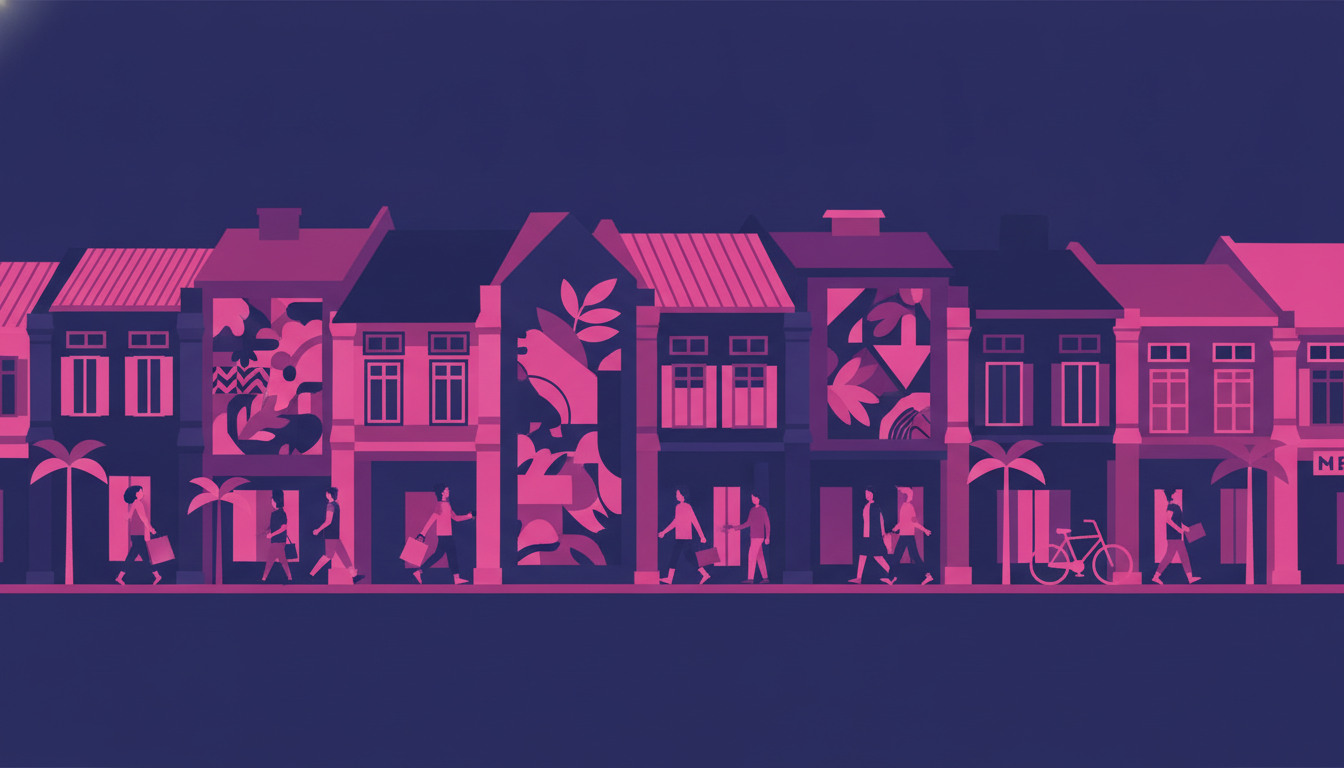 a vibrant street scene in a Singapore heritage district with colorful shophouses, street art, and people walking