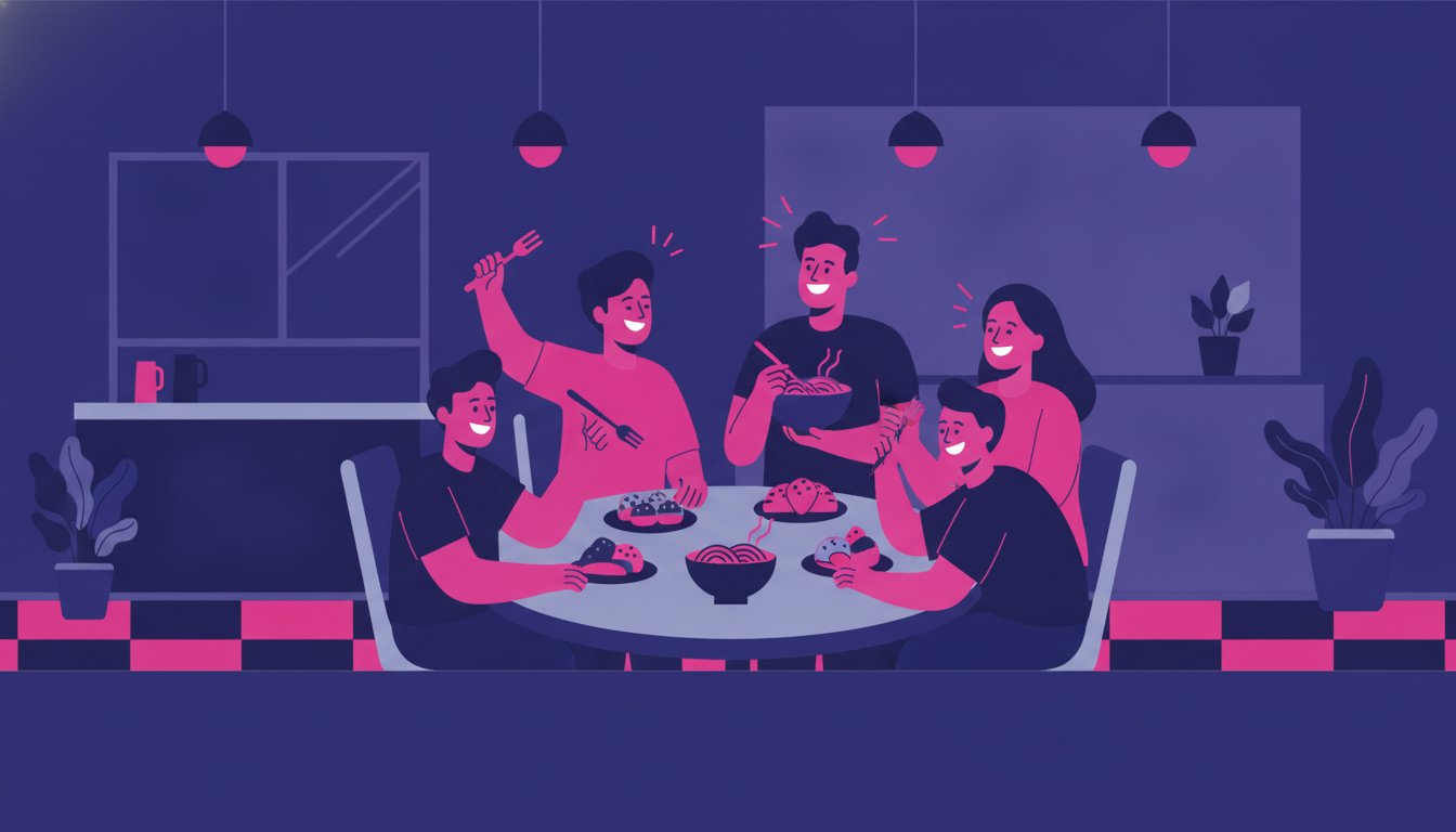 Diaspora Indonesia: Panduan Lengkap Merantau ke Luar Negeri 2 a group of young Indonesian adults gathered around a table in a cozy European cafe, sharing food and laughing together