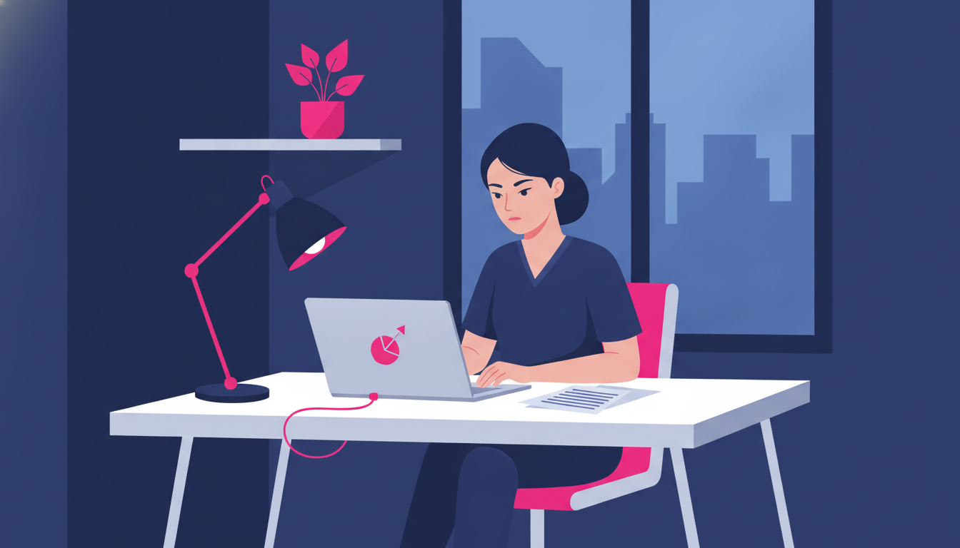 Diaspora Indonesia: Panduan Lengkap Merantau ke Luar Negeri 3 a young Indonesian woman sitting alone at a desk in a small apartment, looking at documents and a laptop with a serious expression