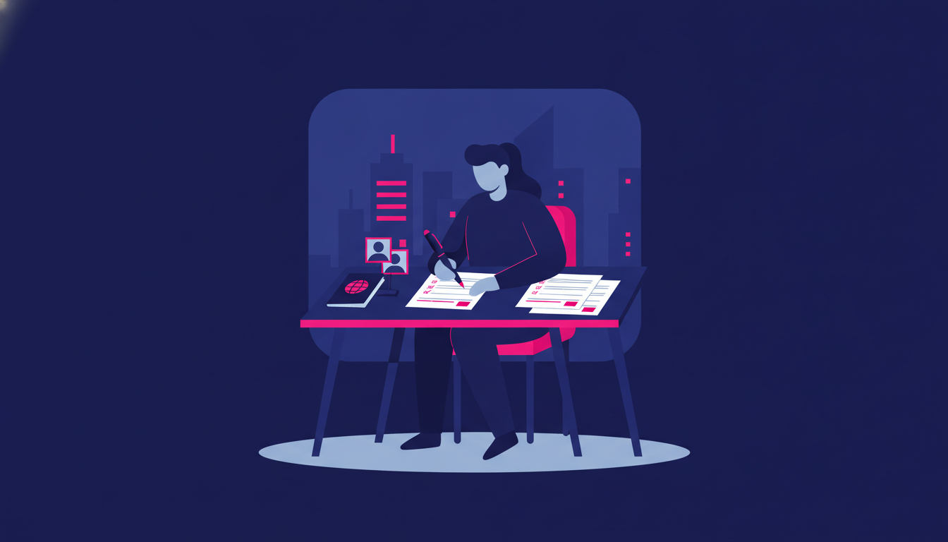 How to Get a Visa: A Complete Guide for Beginners 4 a person sitting at a desk carefully filling out printed application forms with a pen, passport and photos nearby