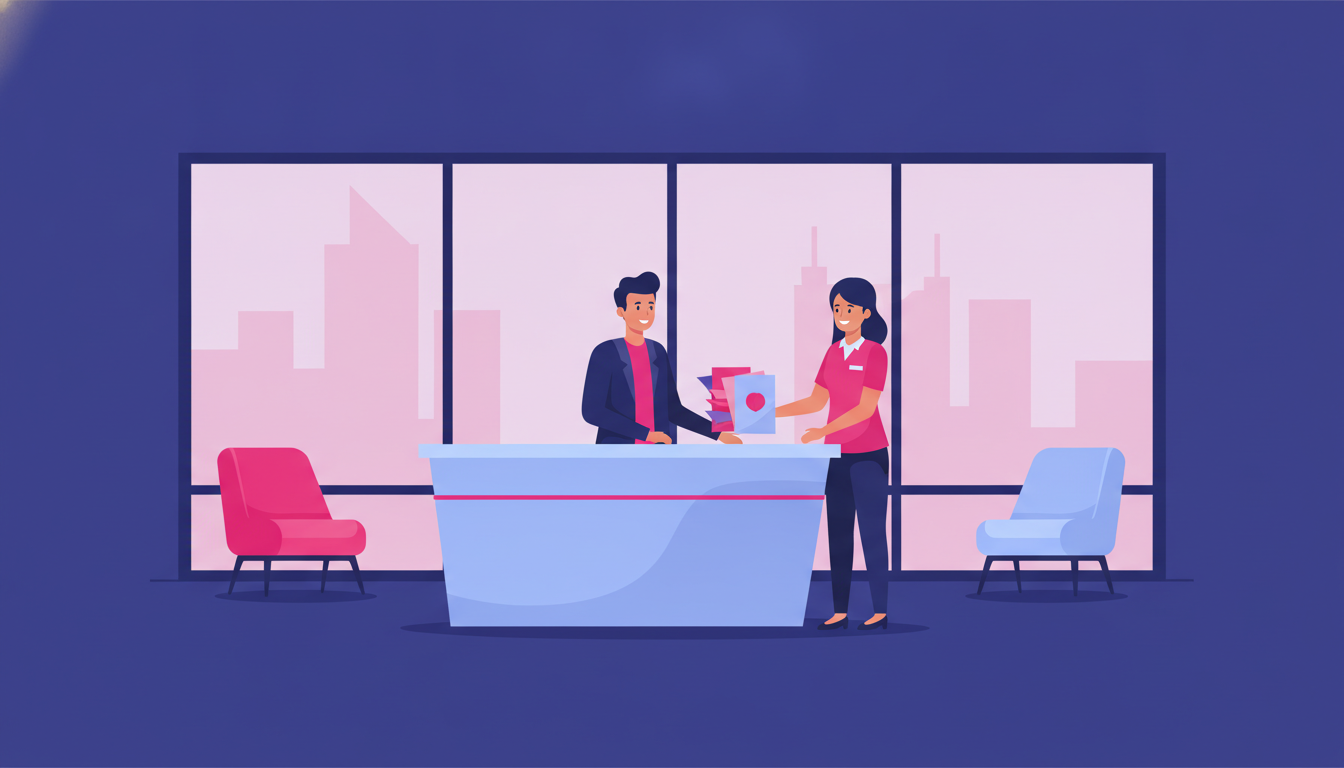 a young person at a modern bank branch counter overseas, speaking with a friendly bank teller and handing over documents