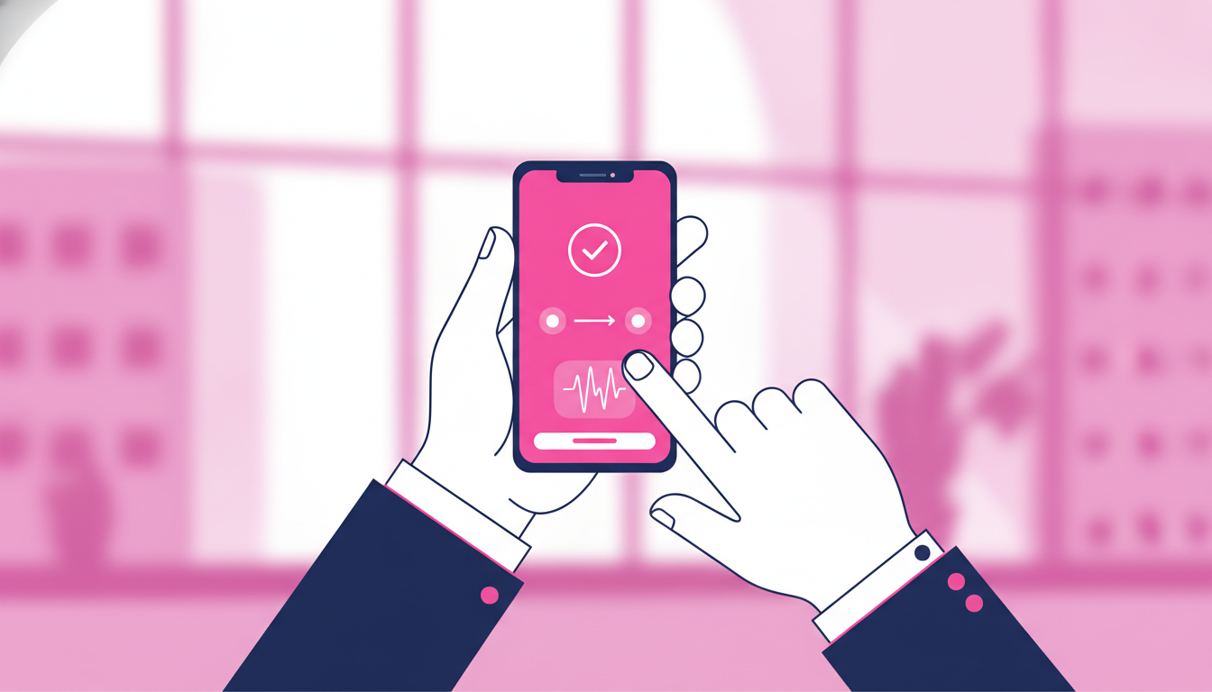 A close-up of two hands, one holding a smartphone showing a money transfer confirmation screen, with a blurred background of an airport or office