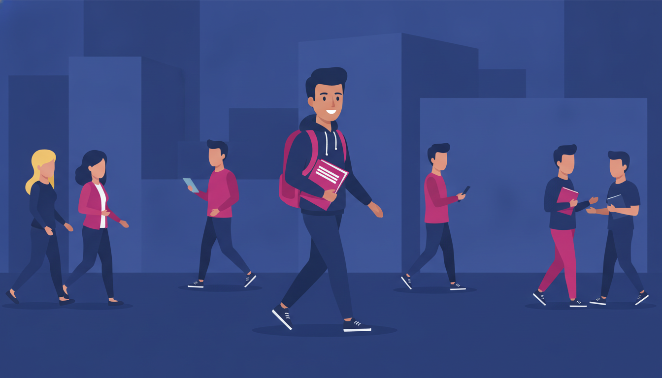 a smiling young Indonesian student walking across a university campus abroad, carrying a backpack and a folder of documents, surrounded by international students of various nationalities
