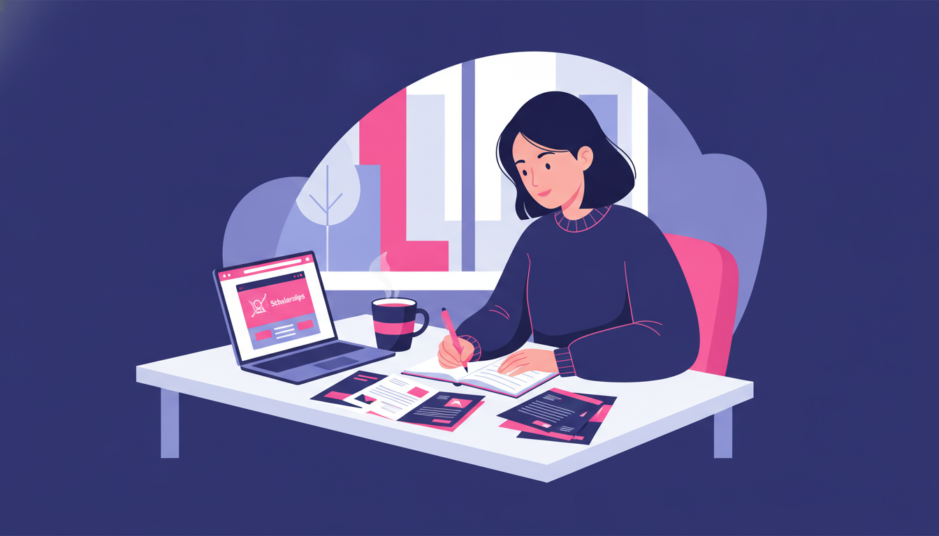 a young Indonesian woman sitting at a desk at home, surrounded by university brochures and a laptop open to a scholarship website, taking notes in a notebook