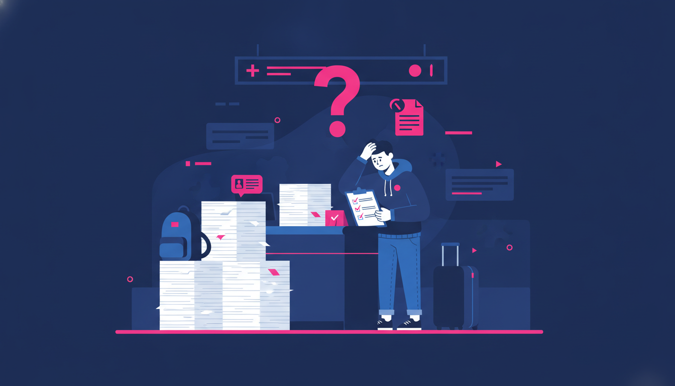 a frustrated student at an airport check-in desk looking at a stack of documents and a checklist, realizing something is missing from their paperwork