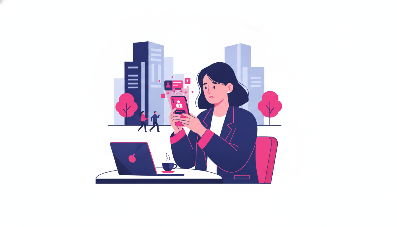 How to Transfer Money from Abroad to Indonesia 2 a young Indonesian woman sitting at a cafe abroad, looking at her phone with a concerned expression while reviewing a bank transfer screen