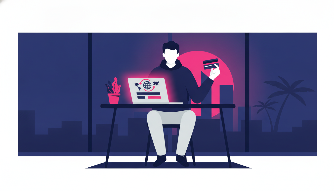 How to Transfer Money from Abroad to Indonesia 3 a man sitting at a desk at home abroad, using a laptop and holding a debit card, with a simple international transfer interface visible on screen