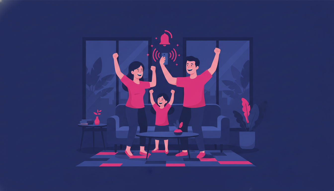 How to Transfer Money from Abroad to Indonesia 4 a smiling Indonesian family indoors in Indonesia, receiving a phone notification and celebrating together, perhaps in a warm living room setting