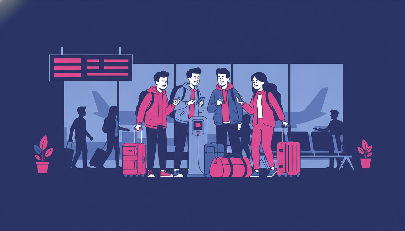 a group of young Indonesian adults chatting and laughing together at a busy international airport departure gate, carrying backpacks and luggage