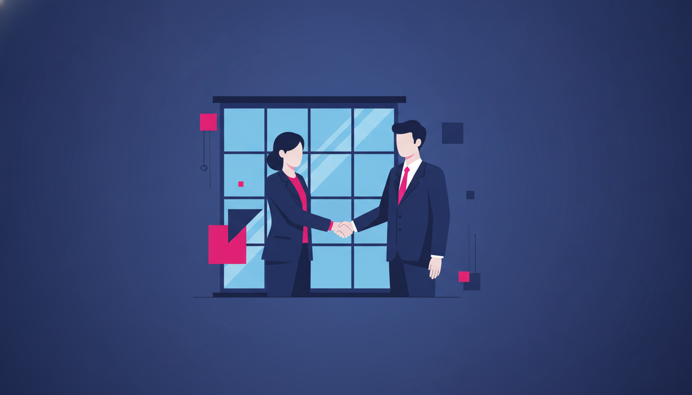 a young Indonesian woman in professional attire shaking hands with a foreign colleague in a modern glass-walled office building
