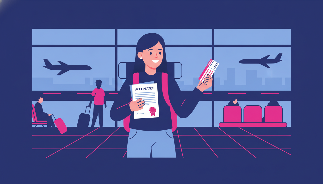 a smiling young Indonesian woman holding acceptance documents at an airport departure hall with a backpack and boarding pass
