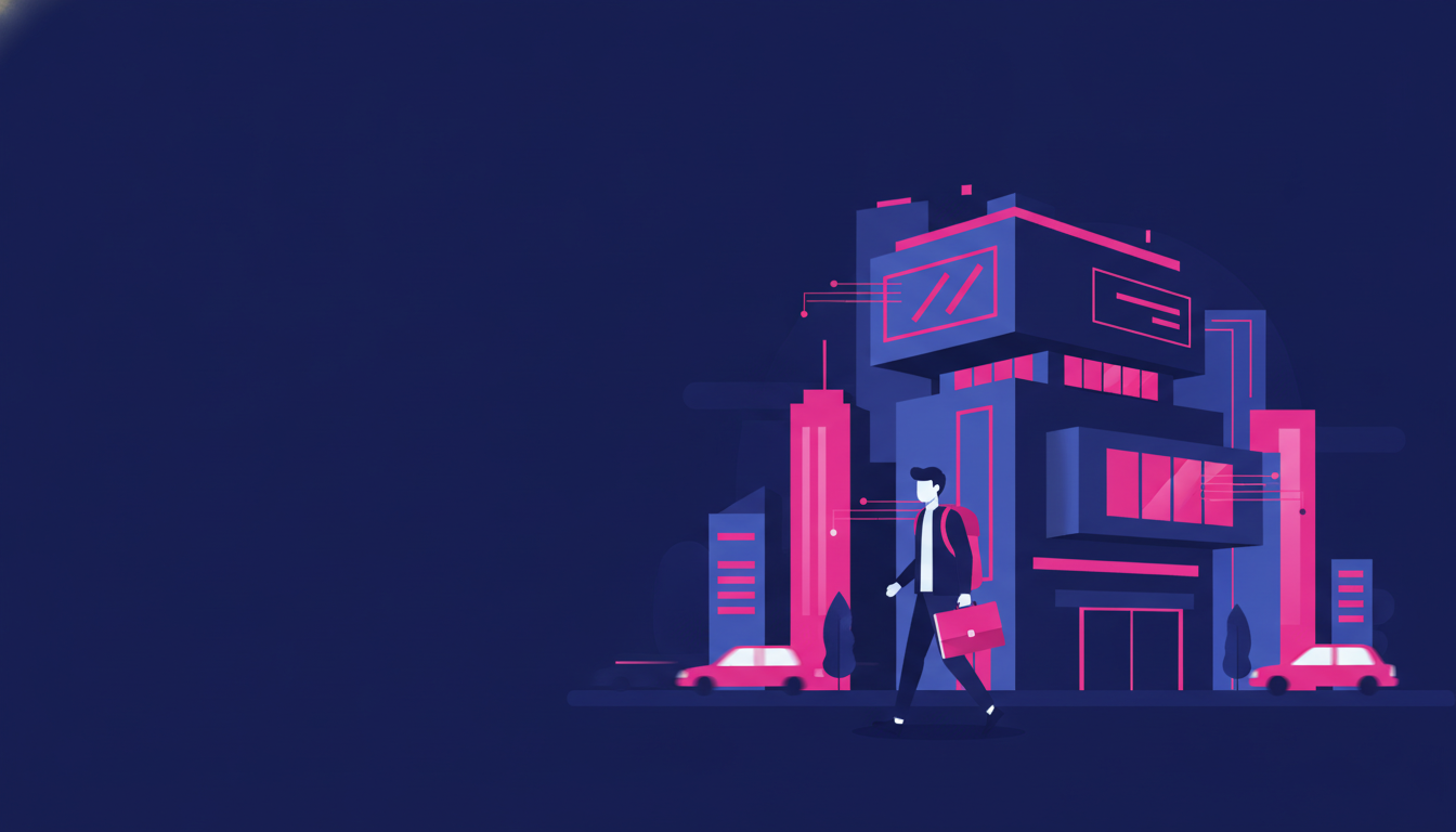 a young professional in business casual clothes walking into a modern office building in a busy Asian city, carrying a backpack and laptop bag