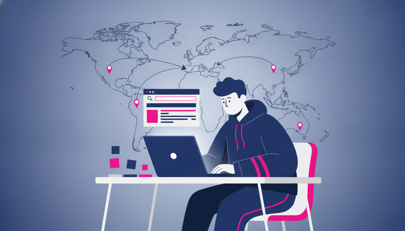 a college student sitting at a desk with a laptop open, researching internship programs, surrounded by sticky notes and a world map on the wall behind them