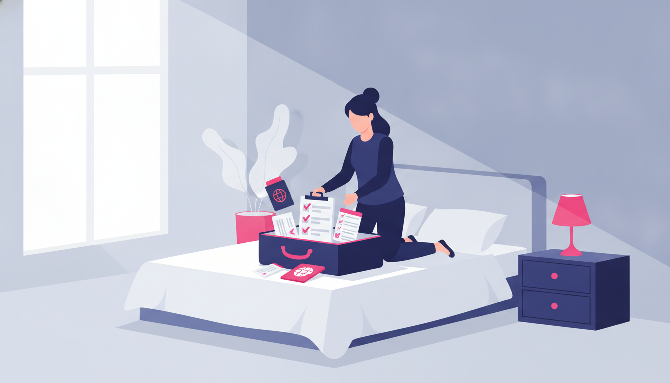 a young woman packing a suitcase in a bright bedroom, with travel documents, a passport, and printed checklists spread out on the bed