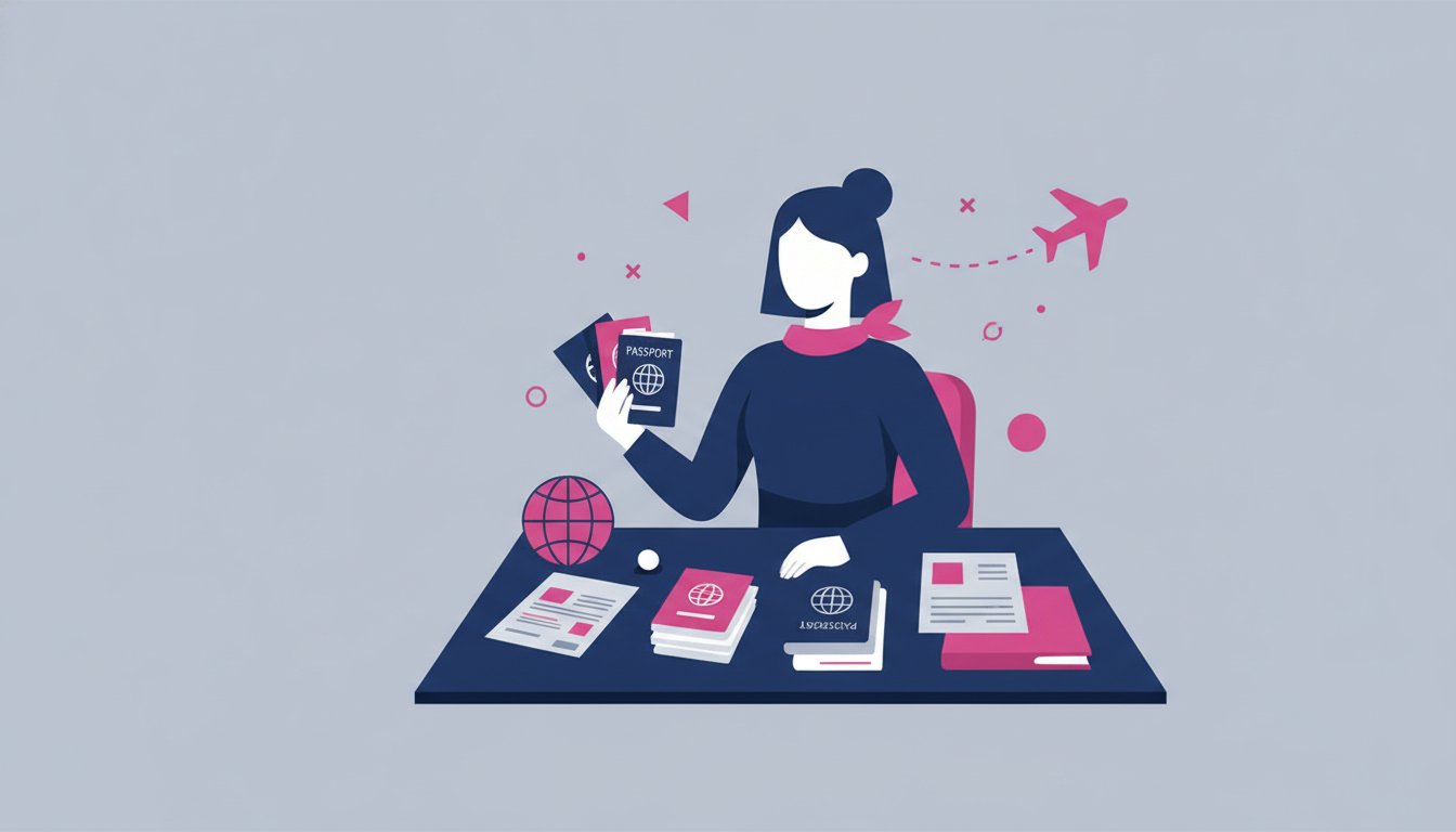 a person organizing passports, documents, and folders on a desk before an international trip