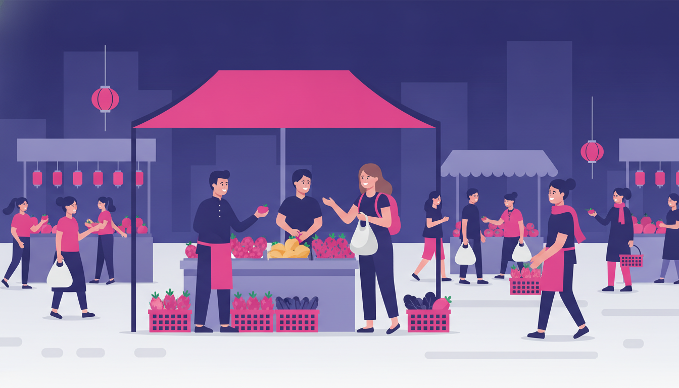 a young expat walking through a busy local market, looking at fresh produce and interacting with a vendor