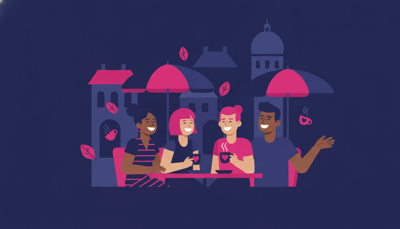 a diverse group of friends laughing together at an outdoor cafe in a foreign city
