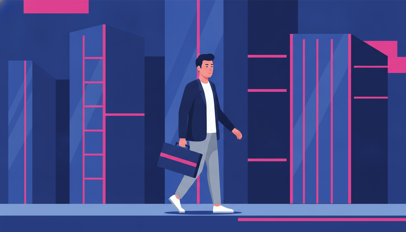 a young Asian professional in business casual attire walking confidently through a modern city office district with tall glass buildings in the background