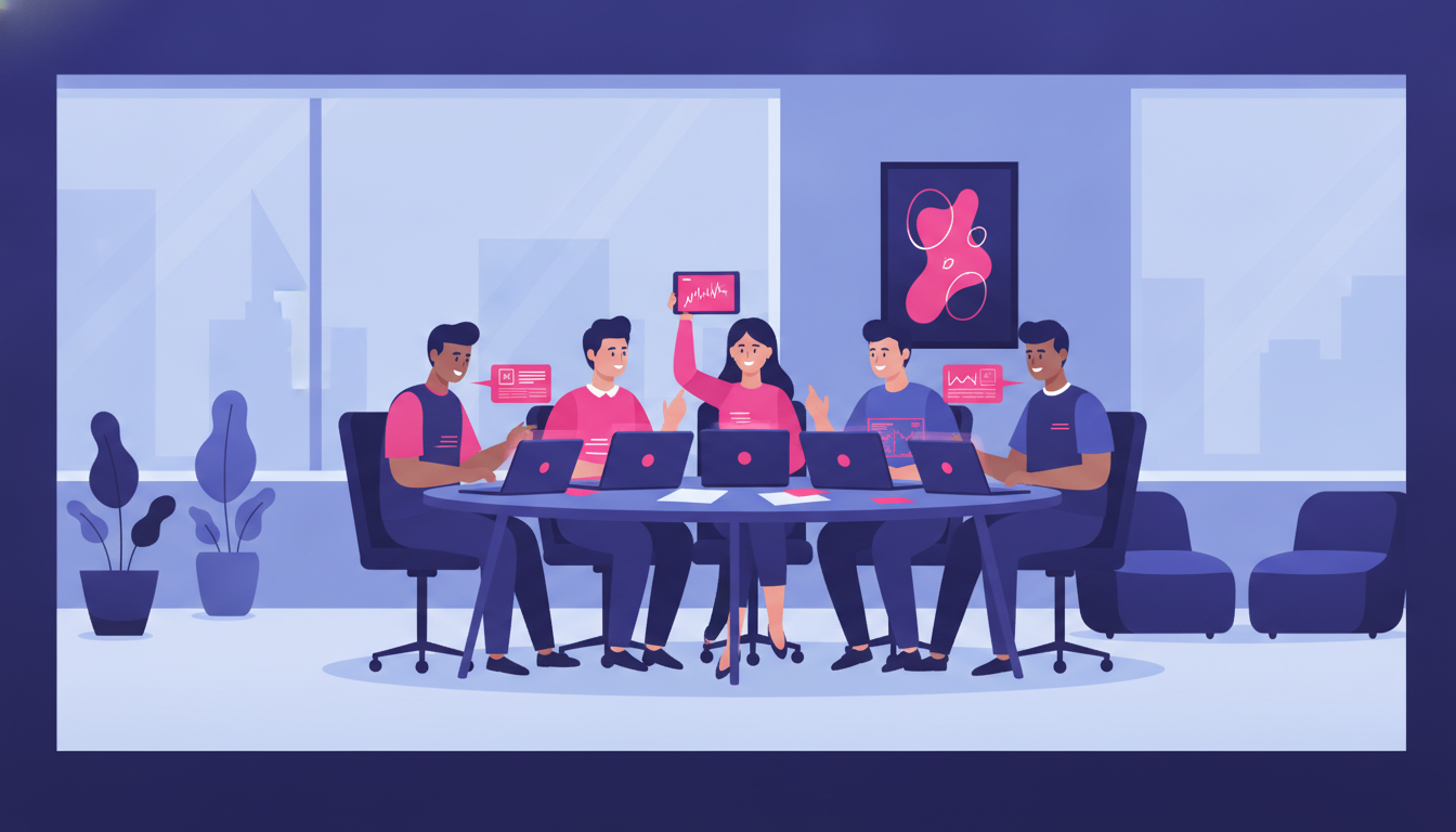 a diverse group of young interns sitting around a conference table in a bright modern open-plan office, collaborating on laptops and documents