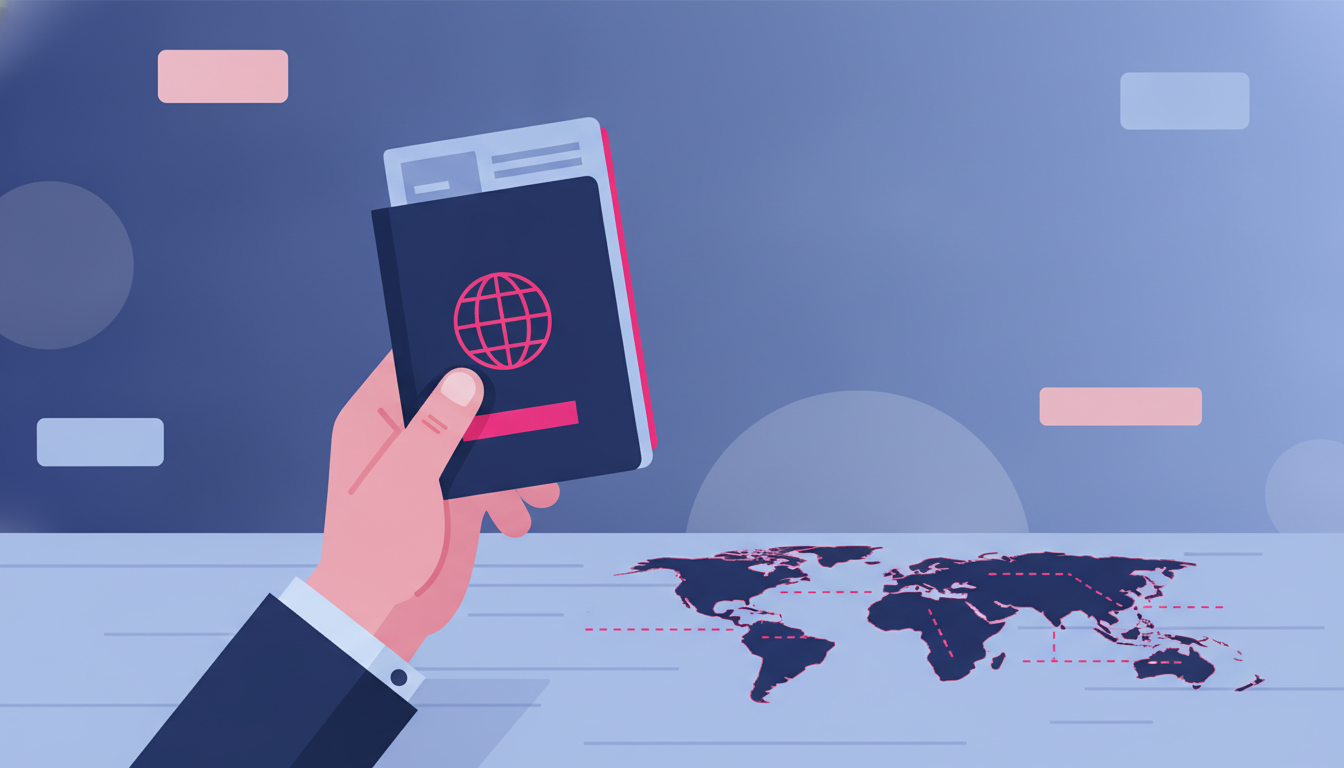 a close-up of a hand holding an open passport next to a world map on a wooden desk