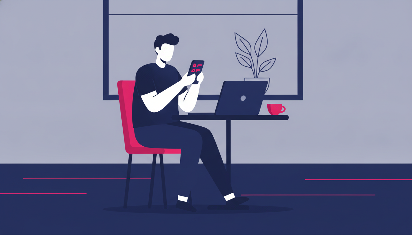 a person holding a smartphone and looking at a banking app while sitting at a cafe table with a laptop open