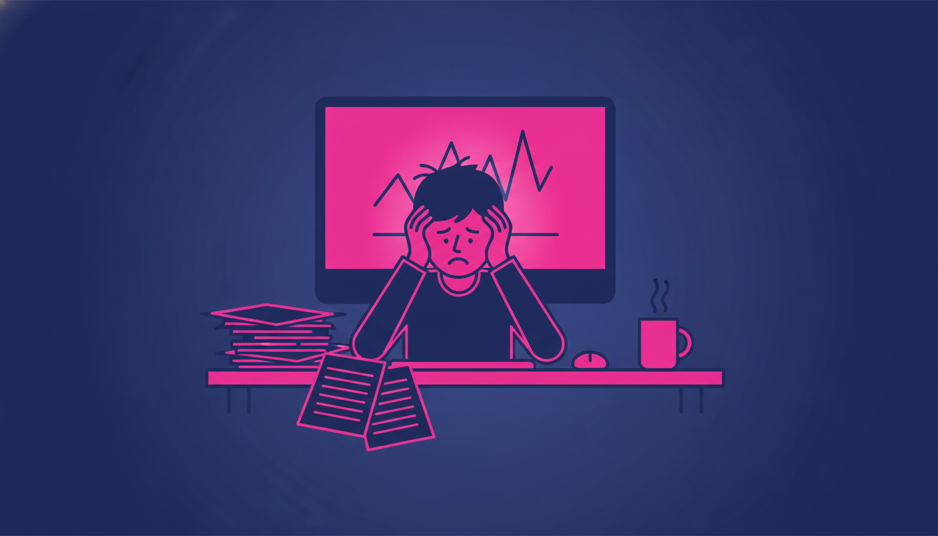 a stressed person reviewing documents at a home desk with a computer screen visible in the background