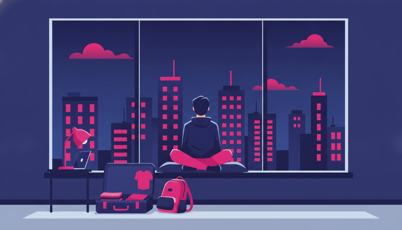 a young student sitting by a large dorm room window, looking out at an unfamiliar city skyline with a suitcase still half-unpacked nearby