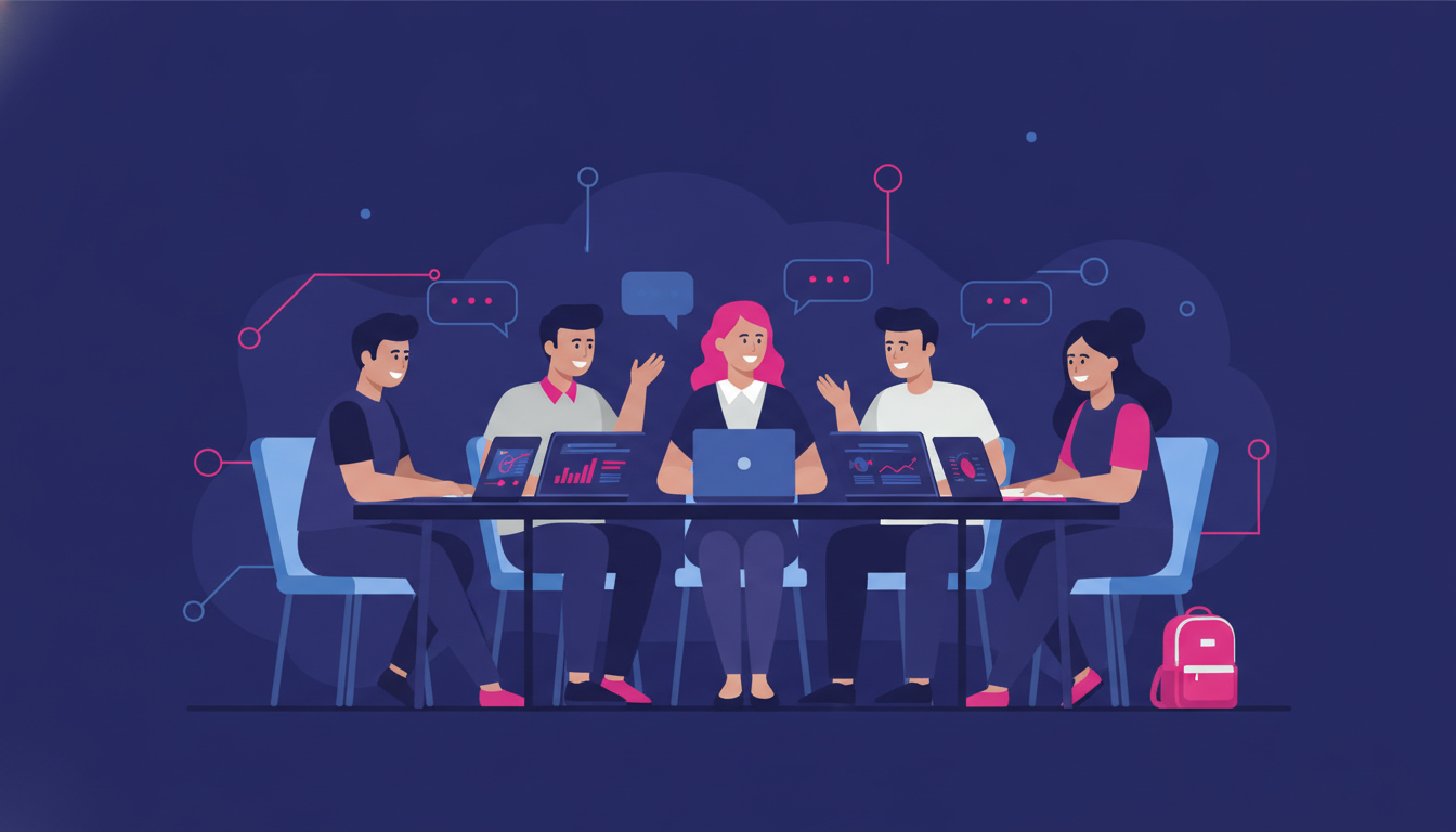 a diverse group of university students sitting around a large seminar table with open laptops and notebooks, engaged in a lively discussion