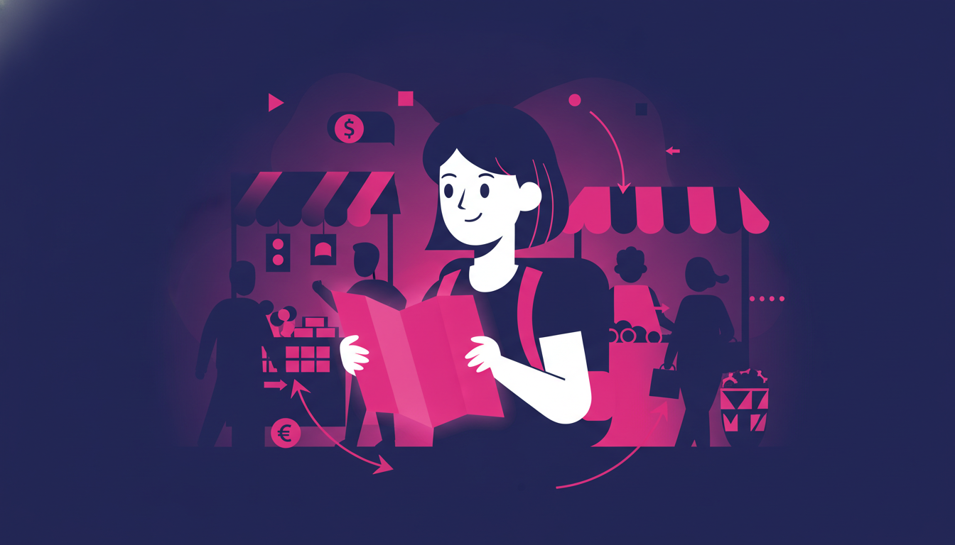a young woman confidently navigating a busy foreign market alone, backpack on, map in hand, looking curious and self-assured