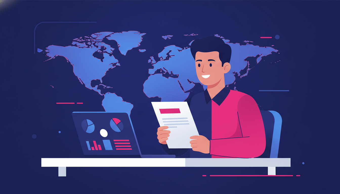 Bagaimana Cara Kerja di Luar Negeri: Panduan Lengkap 2 a young Indonesian professional smiling confidently while looking at a job offer letter, sitting at a desk with a laptop and a world map on the wall behind