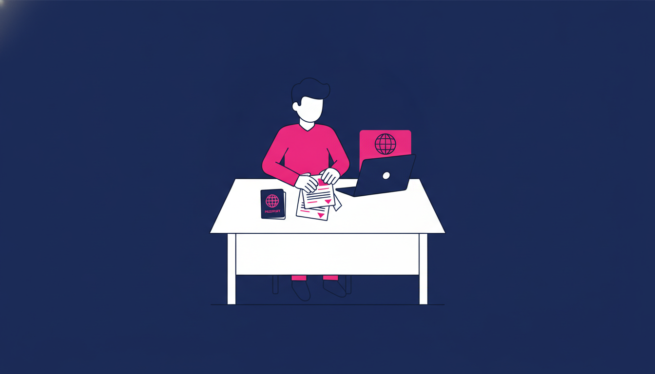 Bagaimana Cara Kerja di Luar Negeri: Panduan Lengkap 3 a person organizing passport, documents, and a laptop on a clean office desk, preparing for an international job application