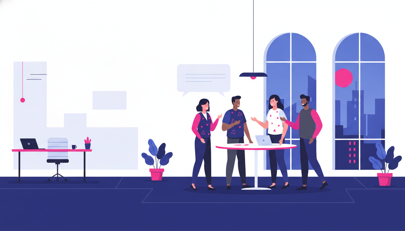 Bagaimana Cara Kerja di Luar Negeri: Panduan Lengkap 4 a diverse group of professionals having a friendly discussion in a modern open-plan office with large windows overlooking a city skyline