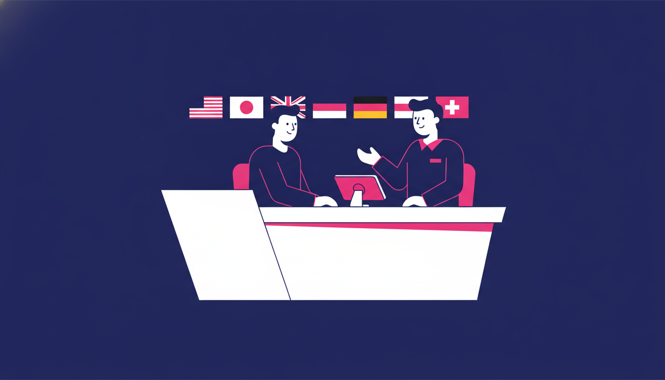 a person sitting at a modern foreign bank branch counter, speaking with a bank officer, with international flags displayed on the wall behind them