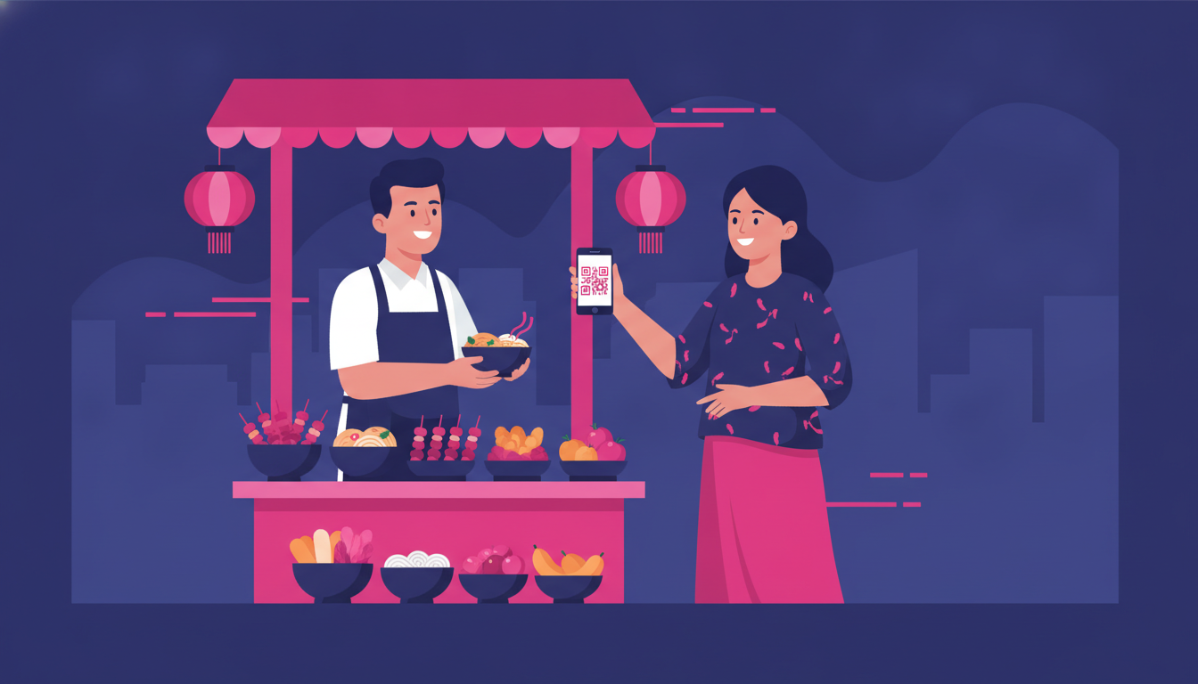 a young Indonesian woman smiling and holding her smartphone showing a QR code to a market vendor at a colorful street food stall