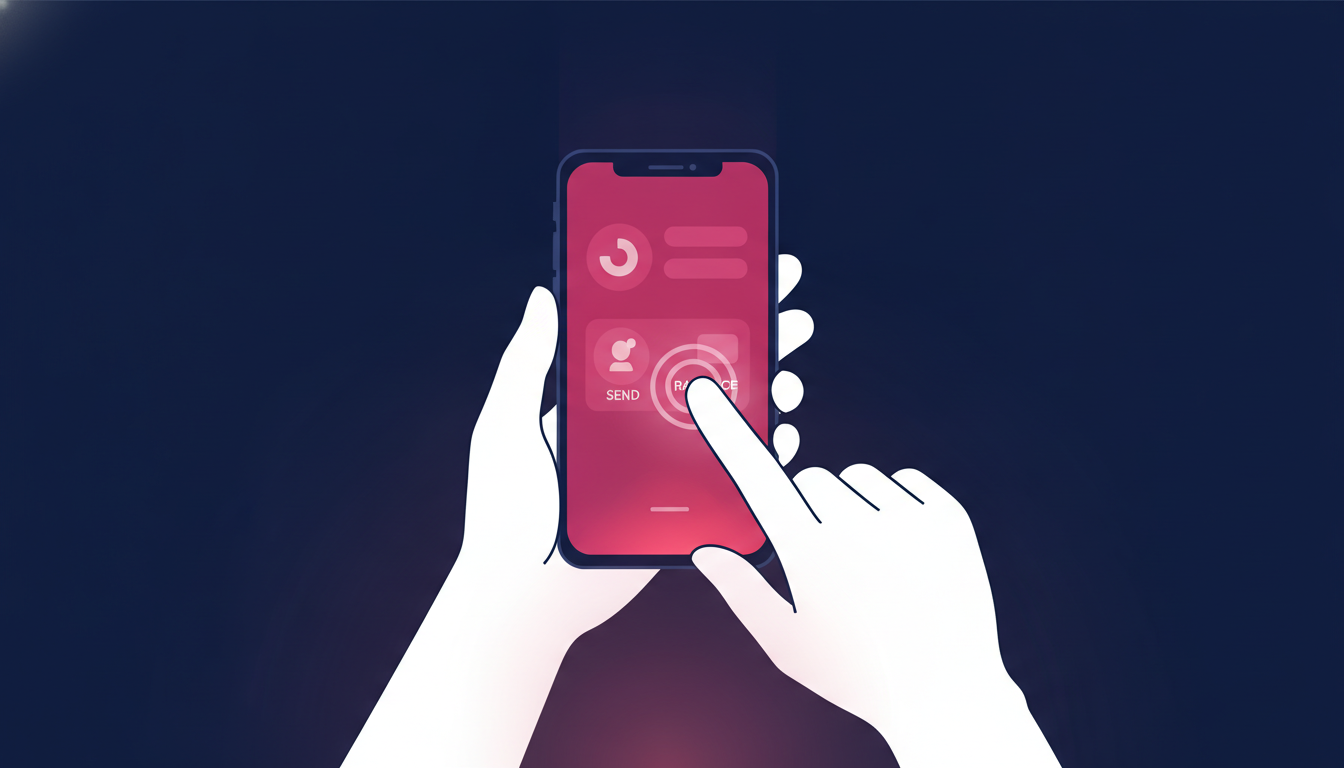 close-up of a person's hands navigating a smartphone app interface, fingers tapping on a colorful mobile payment screen, warm indoor lighting