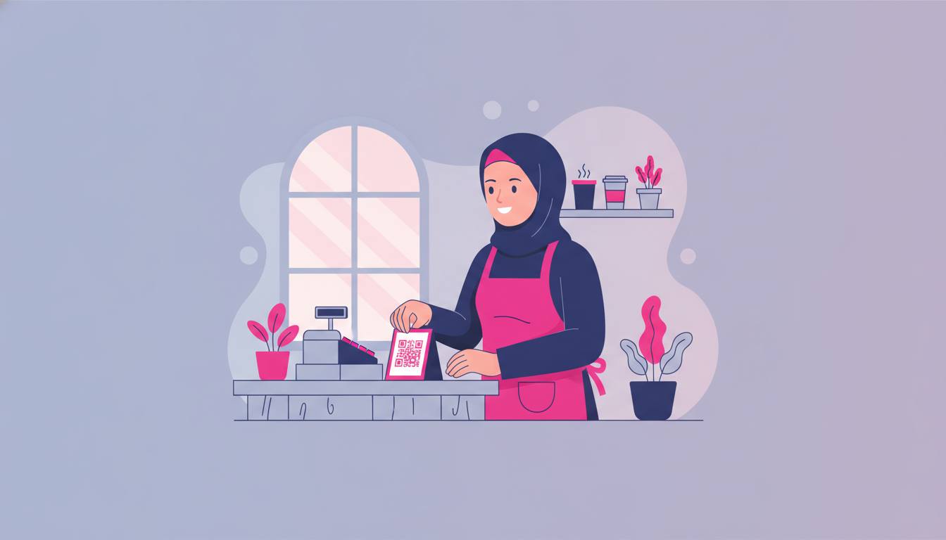 a small business owner in Indonesia setting up a printed QR code stand on a wooden counter at a cozy cafe, natural daylight background