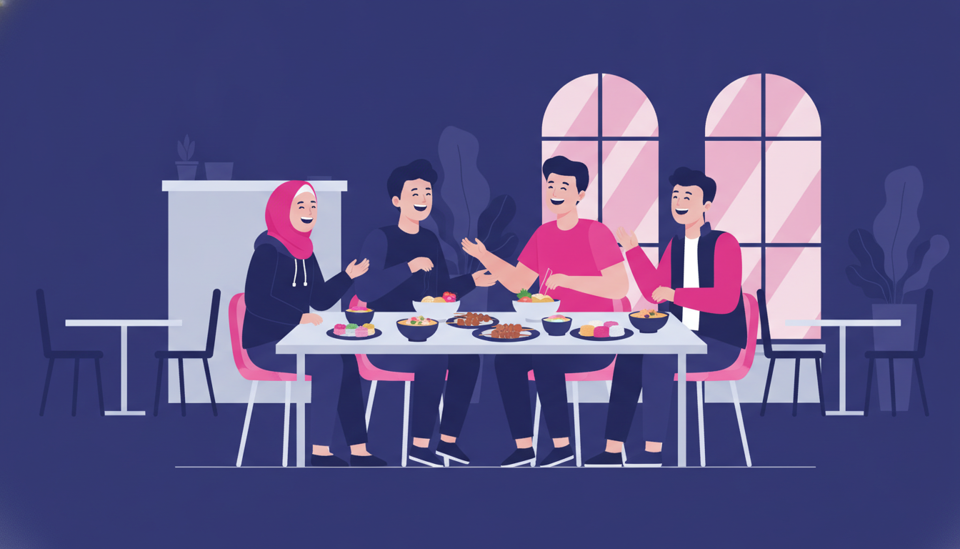 a group of young Indonesian adults in casual clothes gathered around a table at an international university campus cafeteria, laughing and sharing food from home