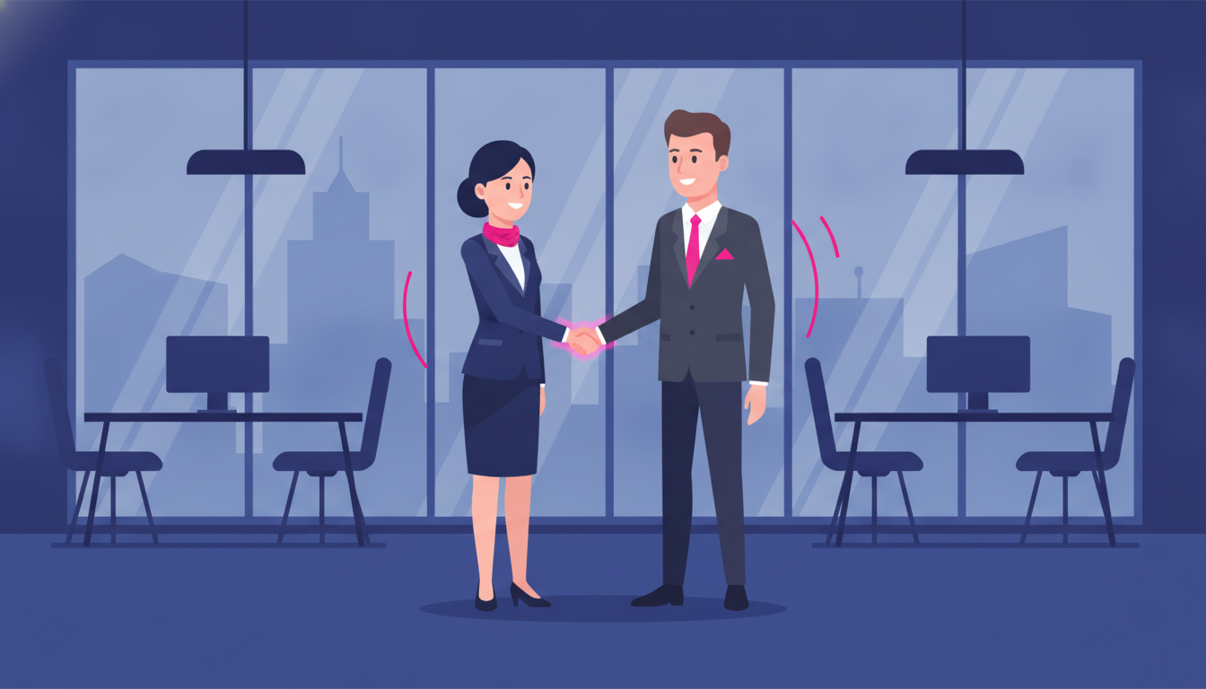 a young Indonesian woman in professional attire shaking hands with a foreign colleague in a modern glass office building