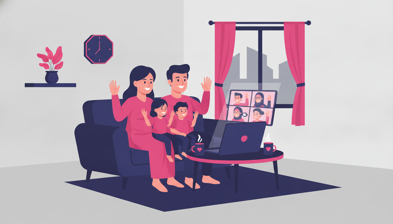 an Indonesian family video calling with relatives back home on a laptop, waving and smiling in a cozy apartment abroad