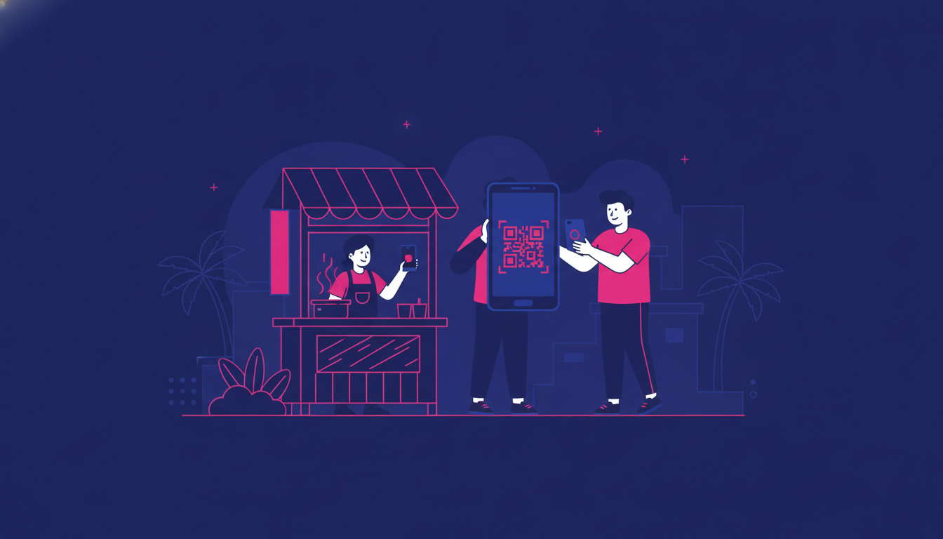 a person holding a smartphone displaying a QR code at a small street food stall in Indonesia, with the vendor smiling and using a separate phone to scan it