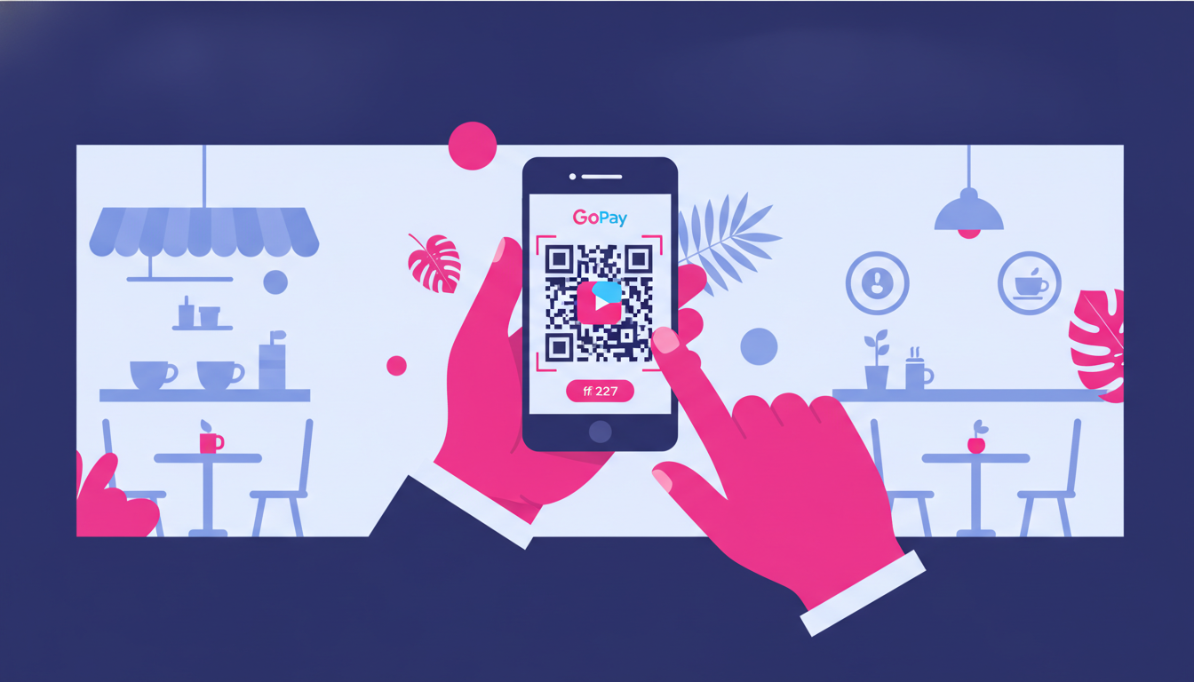 a close-up of two hands, one holding a phone with the GoPay app open showing a colorful QR code on screen, in a bright Indonesian cafe setting