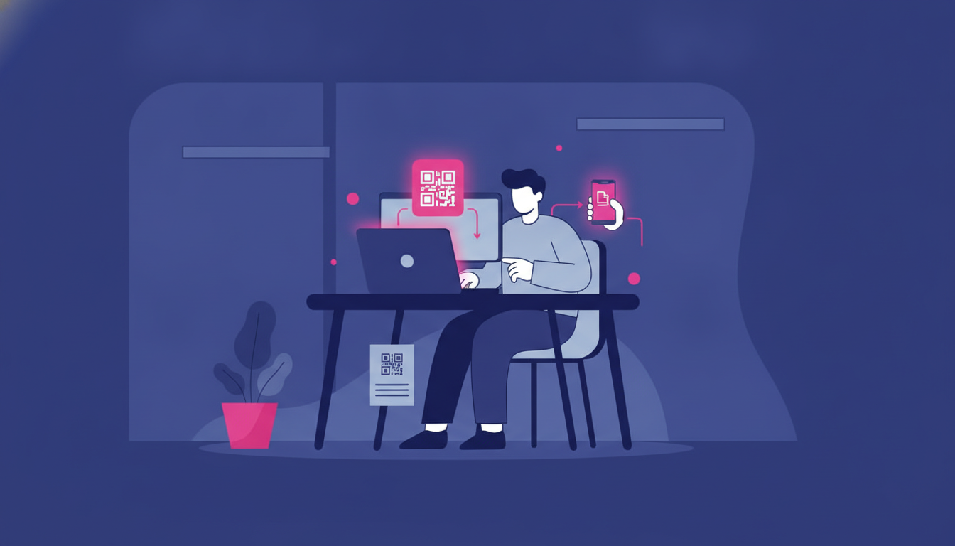 a person sitting at a desk using a laptop and phone together, downloading a QR code image and attaching it to a document in a home office environment