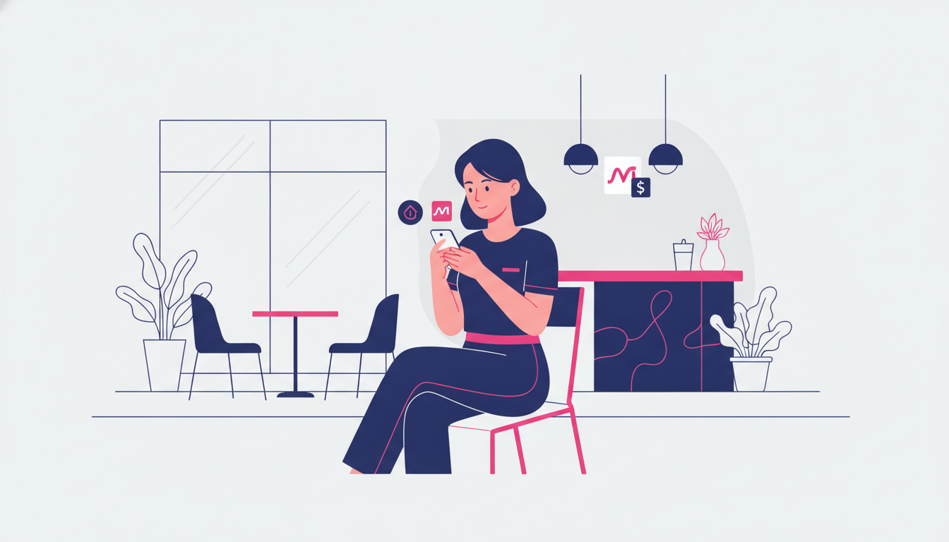 How to Transfer from Dana to OVO: A Simple Guide 2 a young Indonesian woman sitting in a modern Jakarta cafe, looking at her smartphone screen with two colorful app icons visible on the display