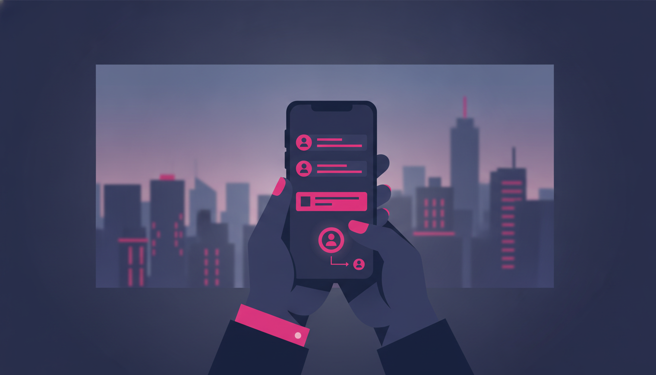 How to Transfer from Dana to OVO: A Simple Guide 3 a pair of hands holding a smartphone showing a mobile banking transfer screen, with a blurred Indonesian cityscape visible through a window in the background